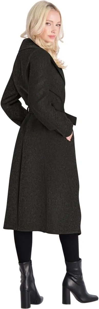 Tahari Juliette Women's Wool Blend Double Face Faux Leather Trim Belted Coat