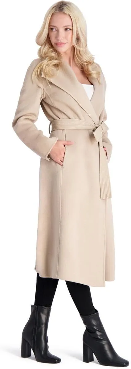 Tahari Juliette Women's Wool Blend Double Face Faux Leather Trim Belted Coat