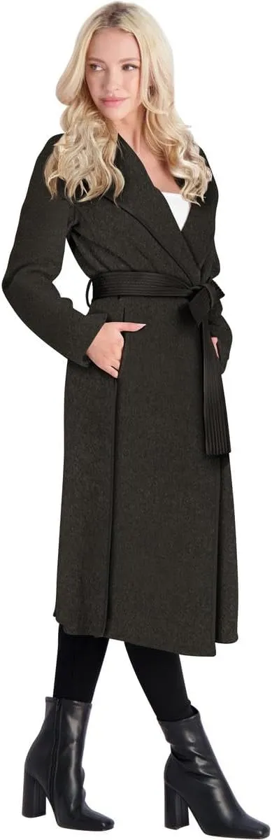 Tahari Juliette Women's Wool Blend Double Face Faux Leather Trim Belted Coat