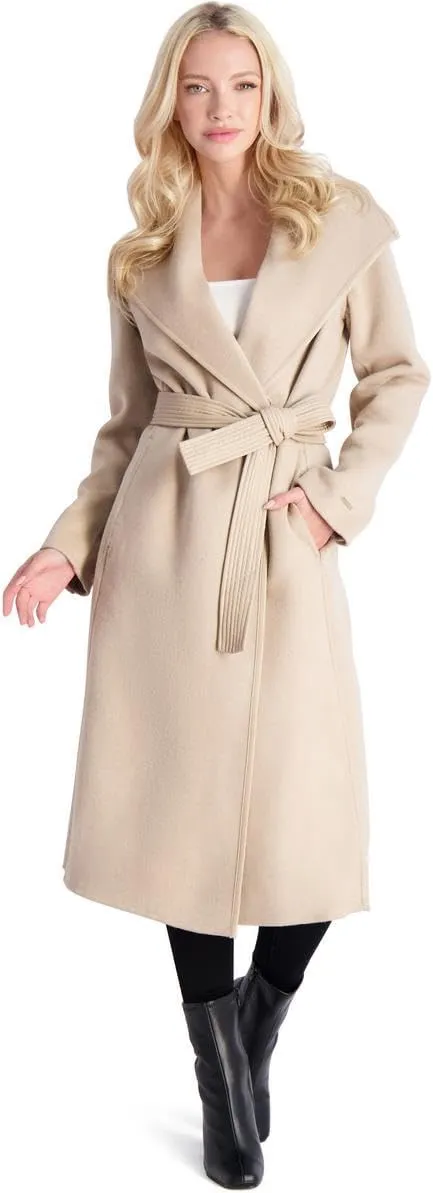 Tahari Juliette Women's Wool Blend Double Face Faux Leather Trim Belted Coat