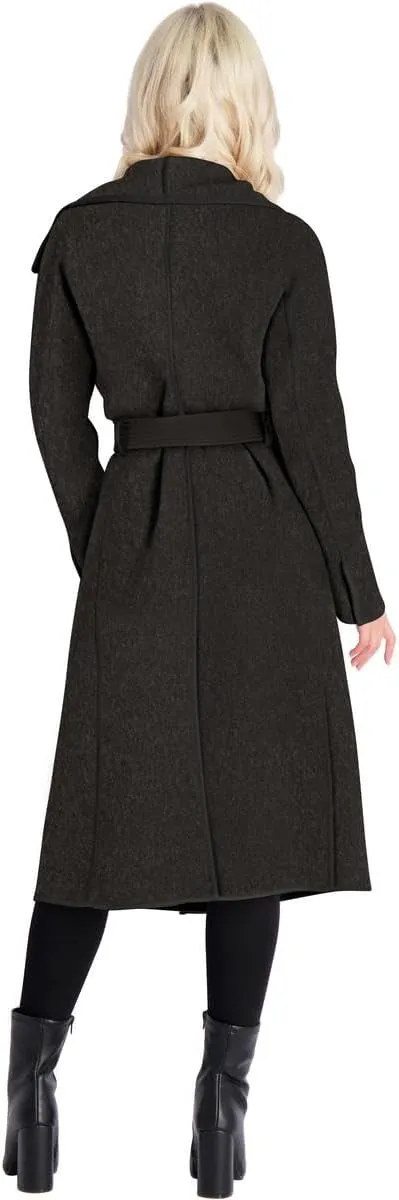 Tahari Juliette Women's Wool Blend Double Face Faux Leather Trim Belted Coat