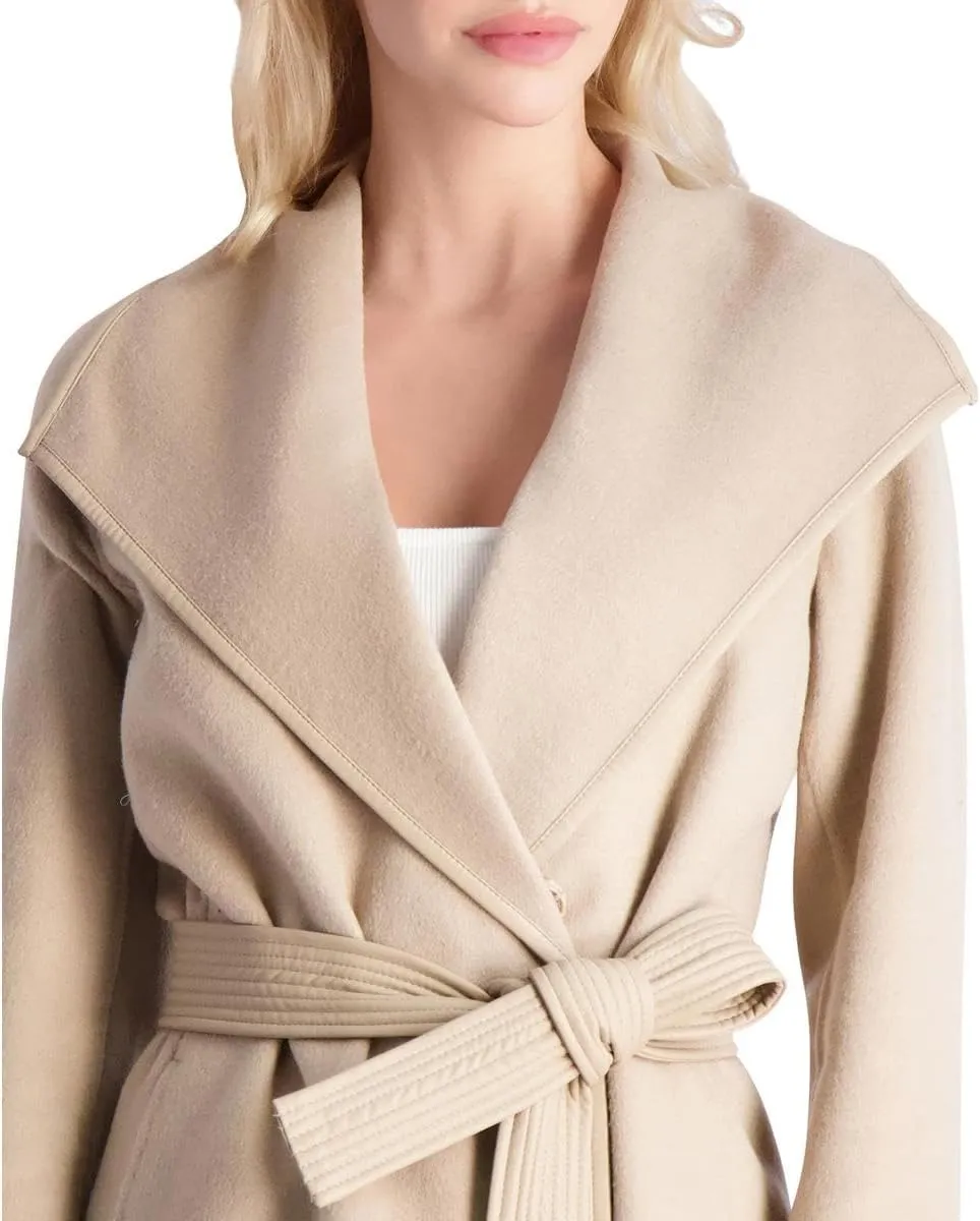 Tahari Juliette Women's Wool Blend Double Face Faux Leather Trim Belted Coat