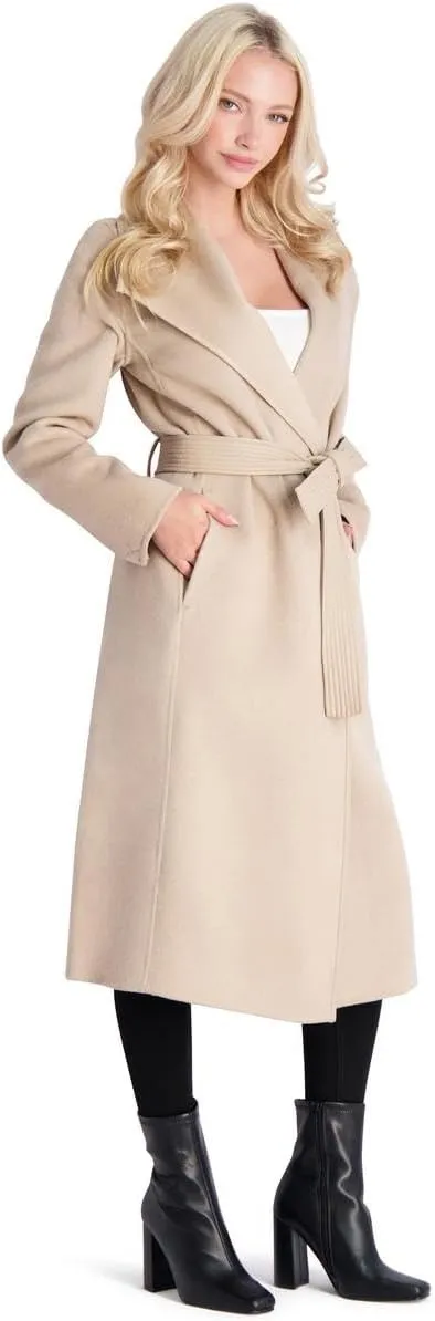 Tahari Juliette Women's Wool Blend Double Face Faux Leather Trim Belted Coat