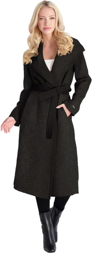Tahari Juliette Women's Wool Blend Double Face Faux Leather Trim Belted Coat