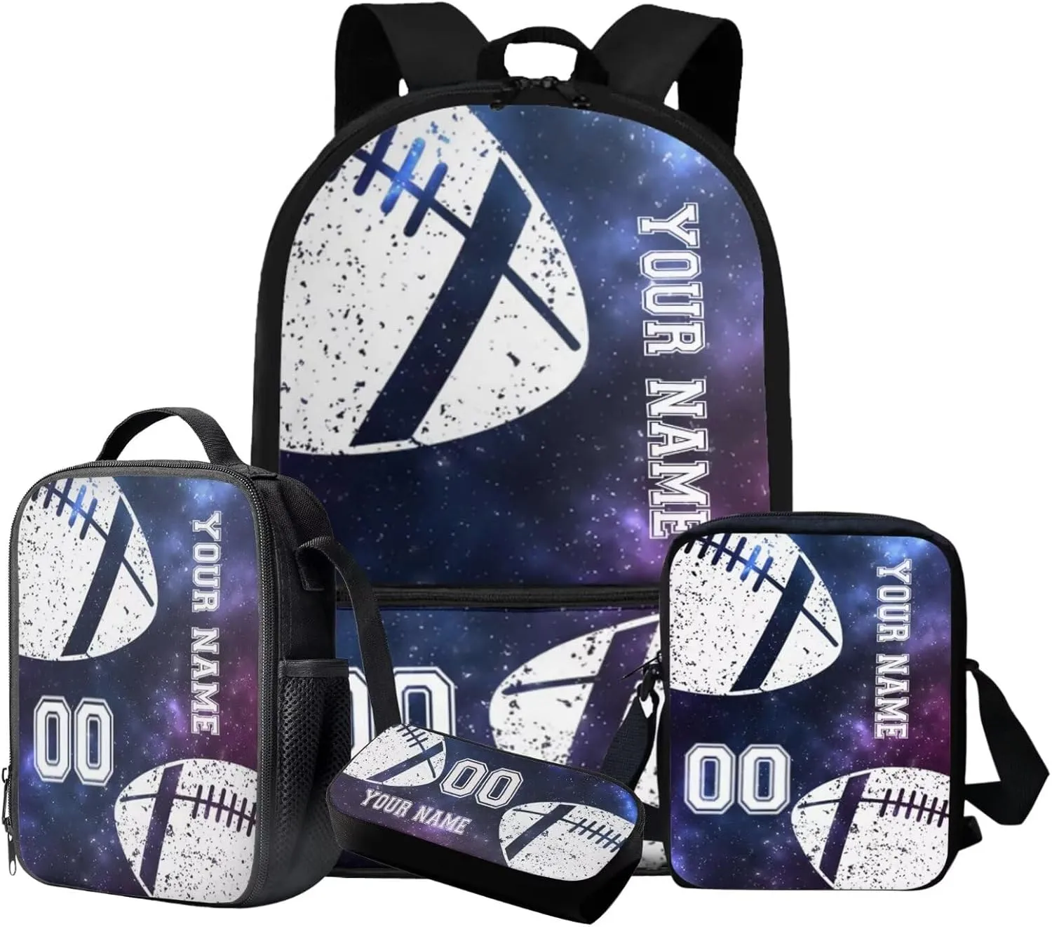 Talayituse American Football Print 4 Pcs School Backpack Set for Kids Boys Large School Bag with Lunch Box Pencil Case Messenger Bag, Galaxy Design Portable Bookbag Student Back Packs Satchel Bagpack
