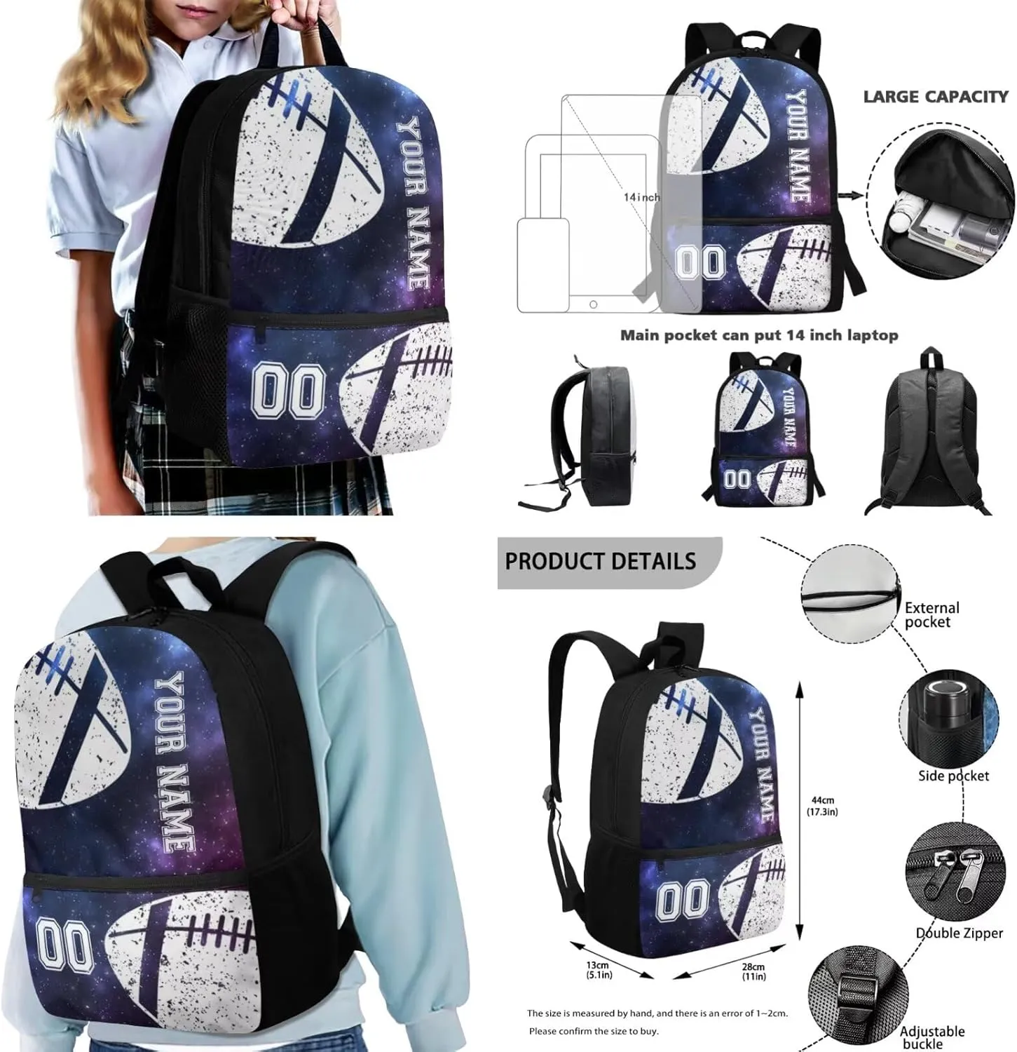 Talayituse American Football Print 4 Pcs School Backpack Set for Kids Boys Large School Bag with Lunch Box Pencil Case Messenger Bag, Galaxy Design Portable Bookbag Student Back Packs Satchel Bagpack
