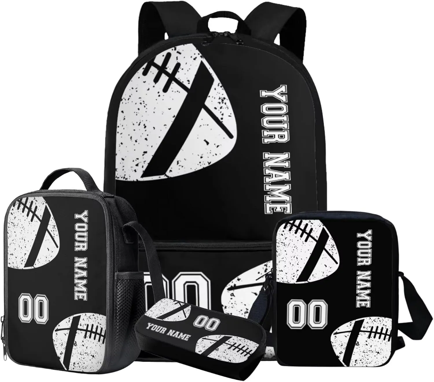 Talayituse American Football Print Backpack for Kids Boys School Backpack Set for Teens Messenger Shoulder Bag Insulated Lunch Bag Pencil Case Crossbody Shoulder Bags, Pack of 4, Black