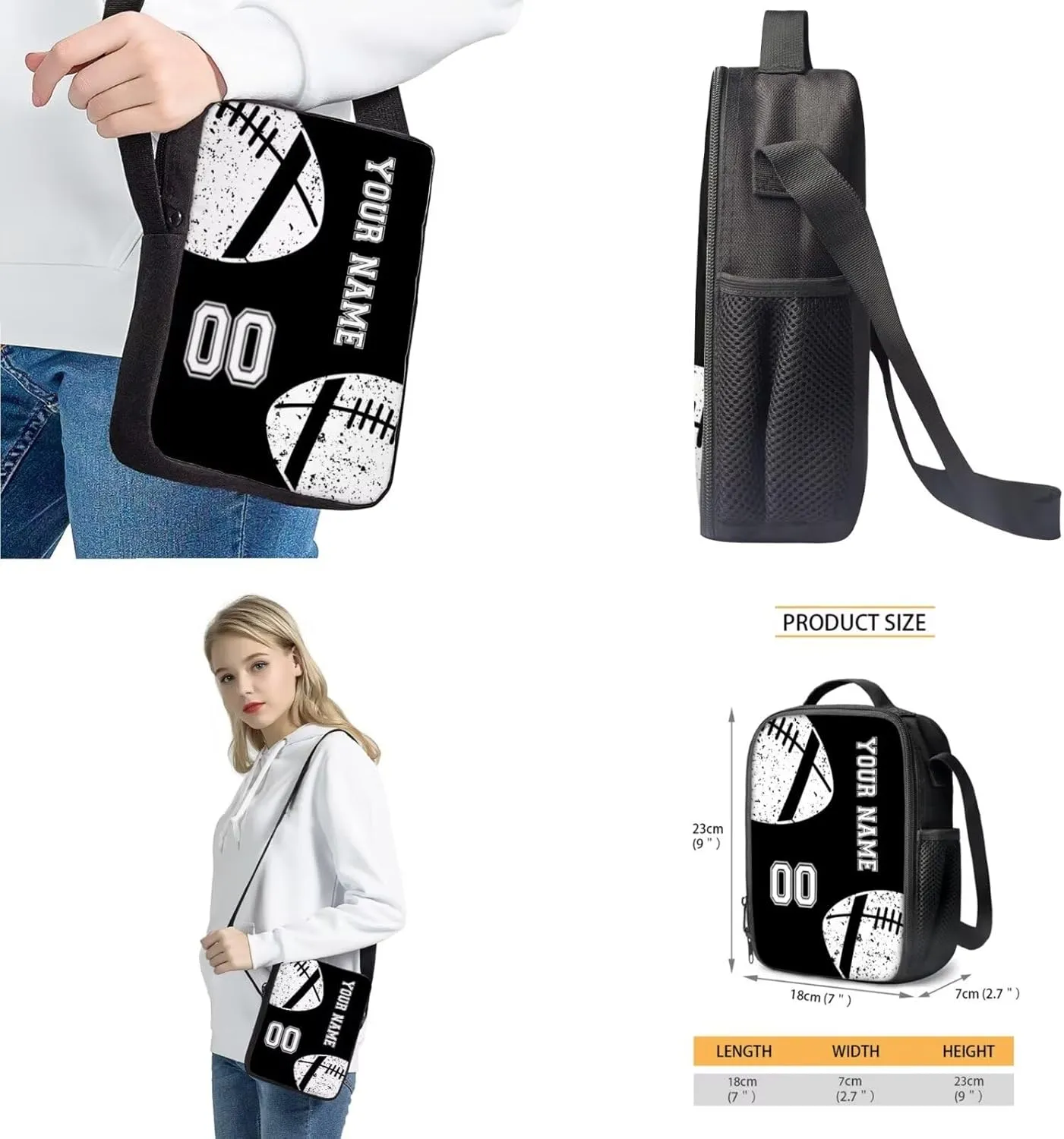 Talayituse American Football Print Backpack for Kids Boys School Backpack Set for Teens Messenger Shoulder Bag Insulated Lunch Bag Pencil Case Crossbody Shoulder Bags, Pack of 4, Black
