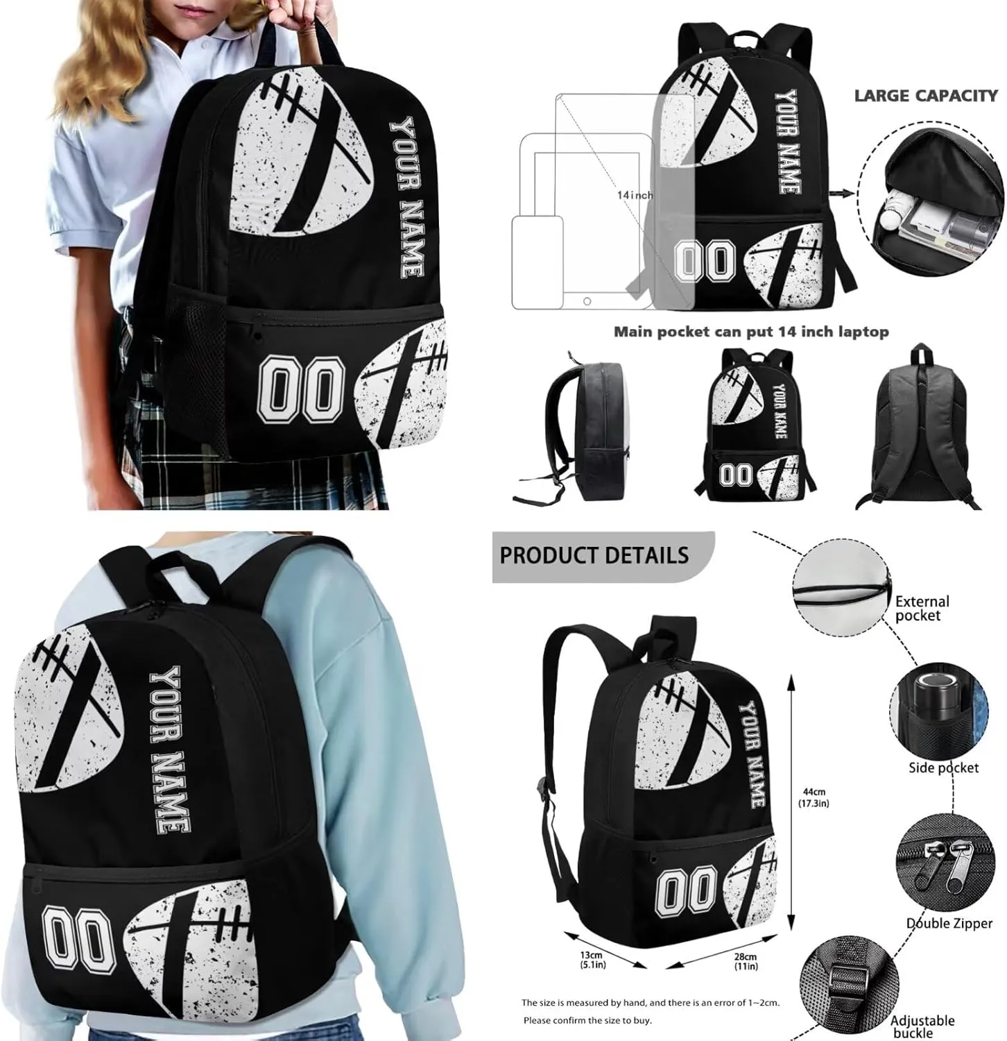 Talayituse American Football Print Backpack for Kids Boys School Backpack Set for Teens Messenger Shoulder Bag Insulated Lunch Bag Pencil Case Crossbody Shoulder Bags, Pack of 4, Black