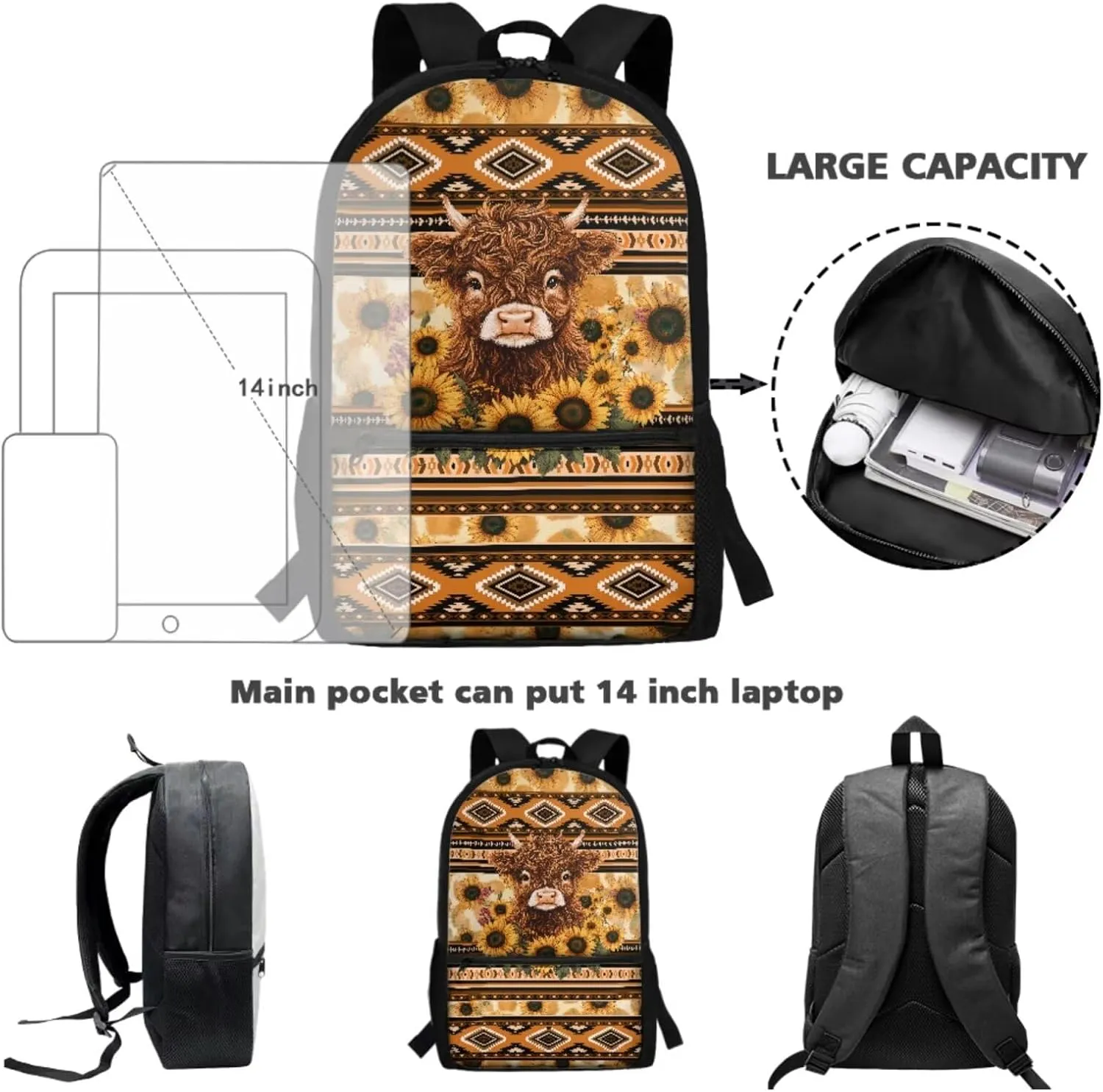 Talayituse Aztec Highland Cattle Sunflower Geometric Print 3 Piece Kid Backpack Set, Multifunction Boys Schoolbag, Portable Bookbag with Lunch Bag & Pencil Case Combo Set