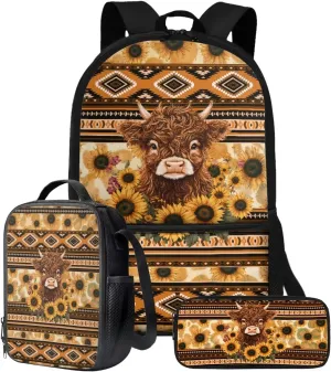 Talayituse Aztec Highland Cattle Sunflower Geometric Print 3 Piece Kid Backpack Set, Multifunction Boys Schoolbag, Portable Bookbag with Lunch Bag & Pencil Case Combo Set
