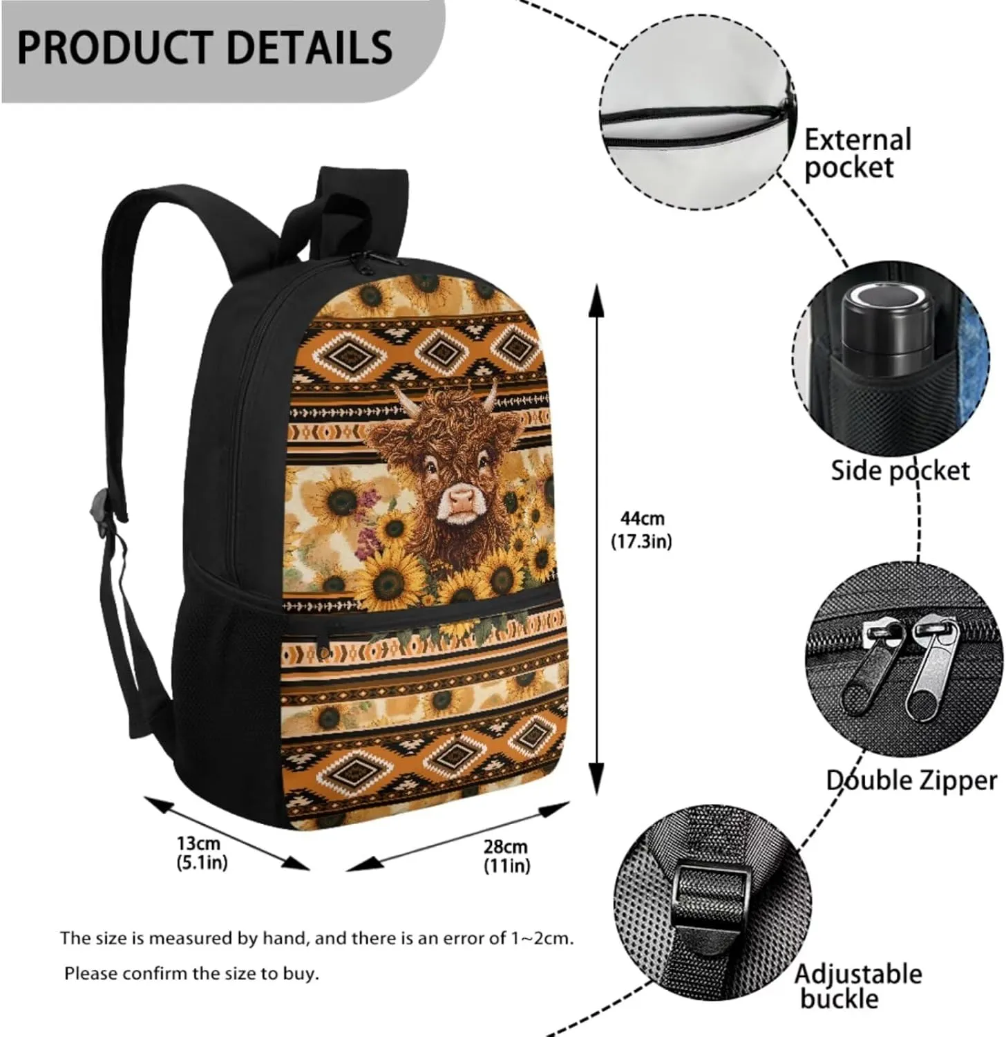 Talayituse Aztec Highland Cattle Sunflower Geometric Print 3 Piece Kid Backpack Set, Multifunction Boys Schoolbag, Portable Bookbag with Lunch Bag & Pencil Case Combo Set