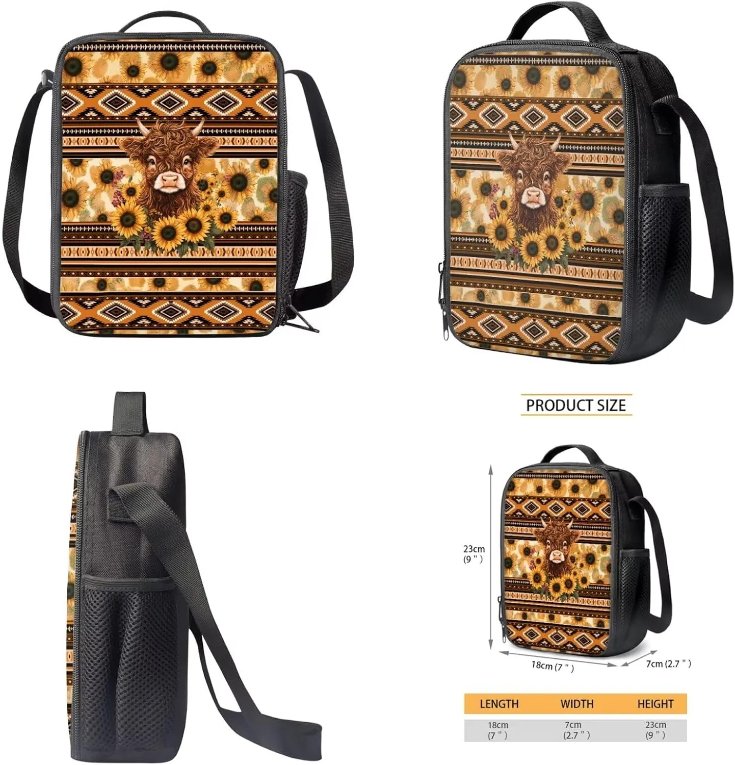 Talayituse Aztec Highland Cattle Sunflower Geometric Print 3 Piece Kid Backpack Set, Multifunction Boys Schoolbag, Portable Bookbag with Lunch Bag & Pencil Case Combo Set
