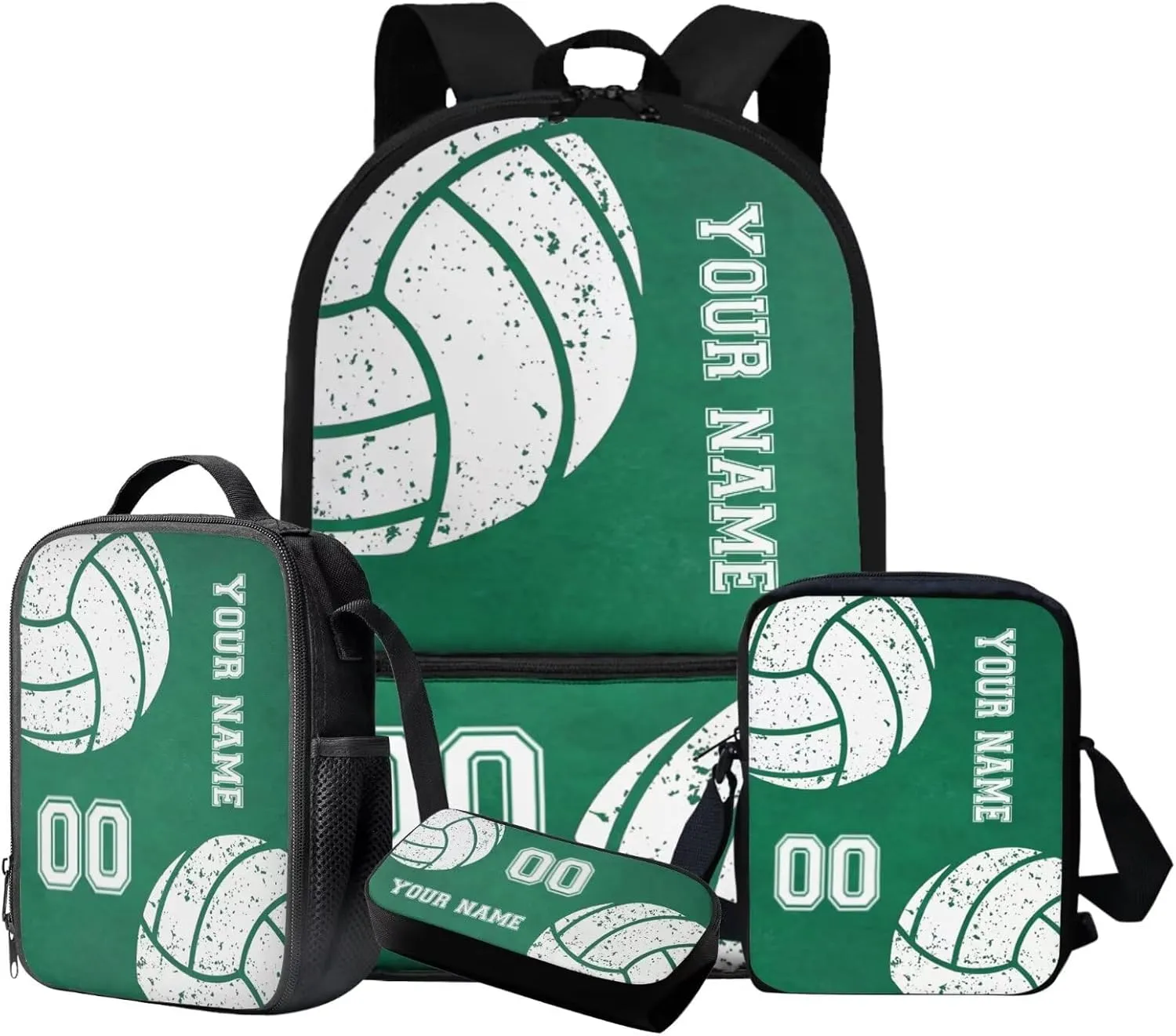 Talayituse Volleyball Print 4Pcs Backpack Set, Boys Girls Backpack with Lunch Bag Pencil Case Messenger Bag, Casual Schoolbag Satchel Travel Daypack with Adjustable Strap, Green