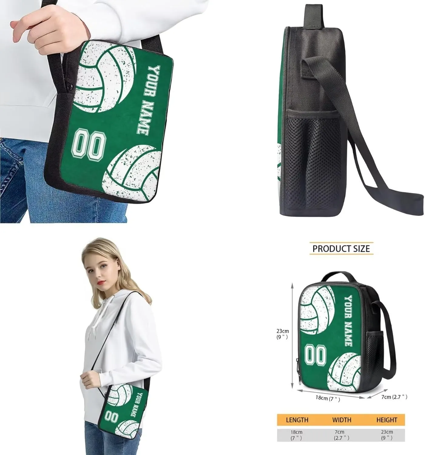 Talayituse Volleyball Print 4Pcs Backpack Set, Boys Girls Backpack with Lunch Bag Pencil Case Messenger Bag, Casual Schoolbag Satchel Travel Daypack with Adjustable Strap, Green
