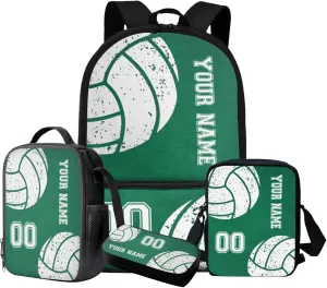 Talayituse Volleyball Print 4Pcs Backpack Set, Boys Girls Backpack with Lunch Bag Pencil Case Messenger Bag, Casual Schoolbag Satchel Travel Daypack with Adjustable Strap, Green