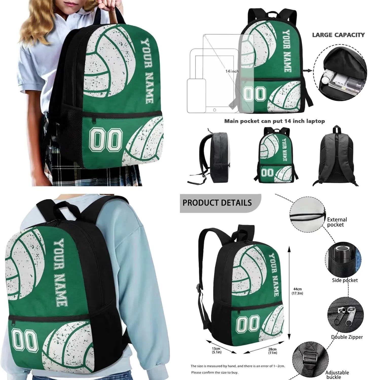 Talayituse Volleyball Print 4Pcs Backpack Set, Boys Girls Backpack with Lunch Bag Pencil Case Messenger Bag, Casual Schoolbag Satchel Travel Daypack with Adjustable Strap, Green