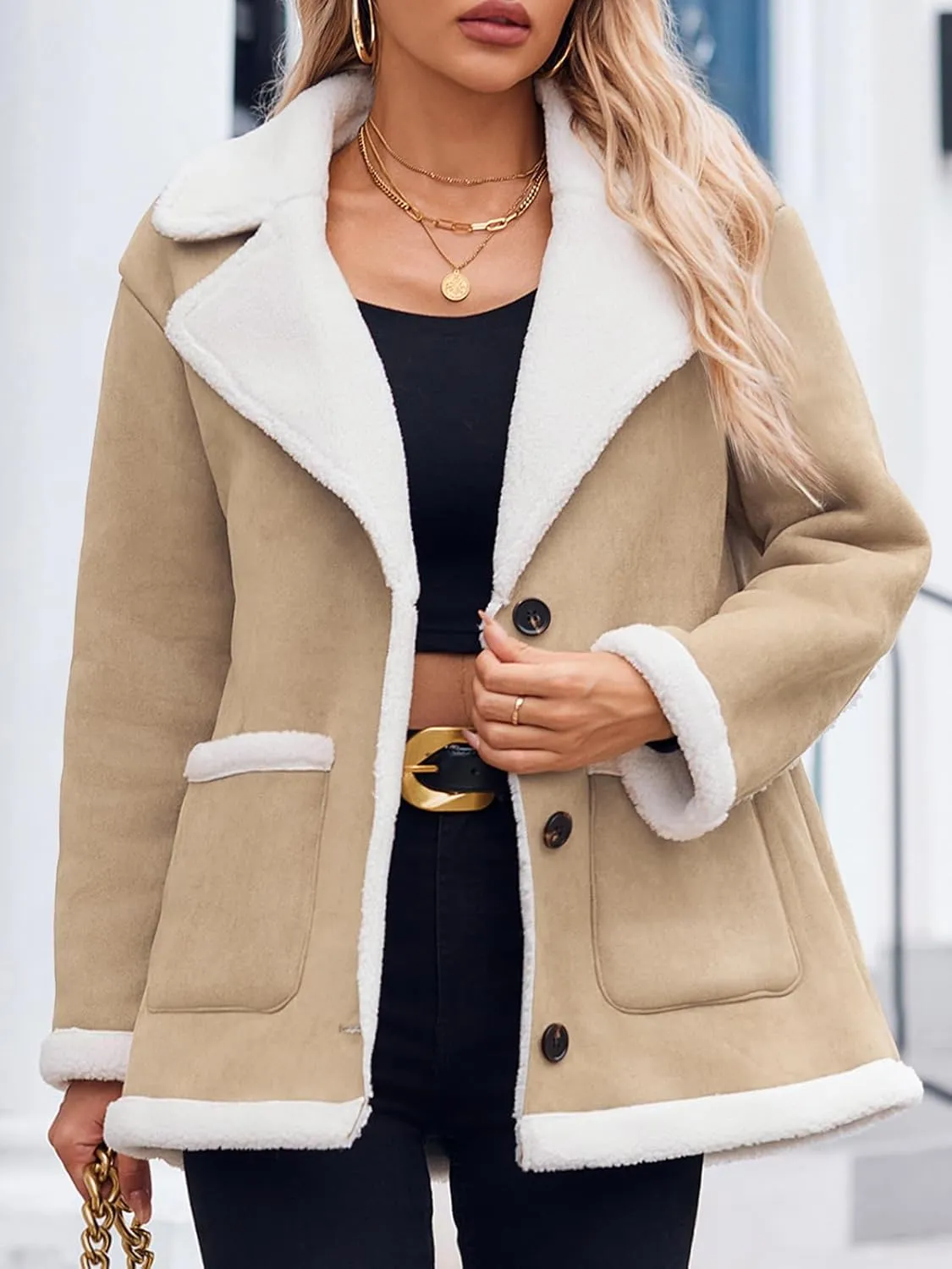 Tankaneo Womens Faux Sherpa-Lined Jackets Fuzzy Fleece Lapel Long Sleeve Coat Suede Winter Warm Outerwear