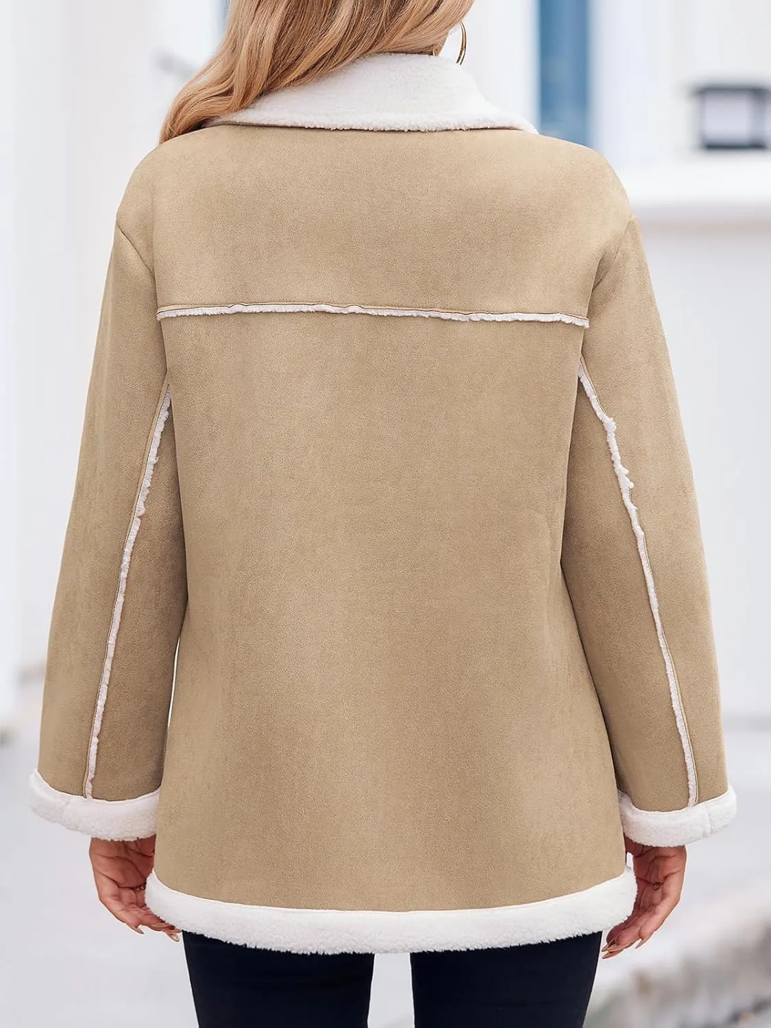 Tankaneo Womens Faux Sherpa-Lined Jackets Fuzzy Fleece Lapel Long Sleeve Coat Suede Winter Warm Outerwear