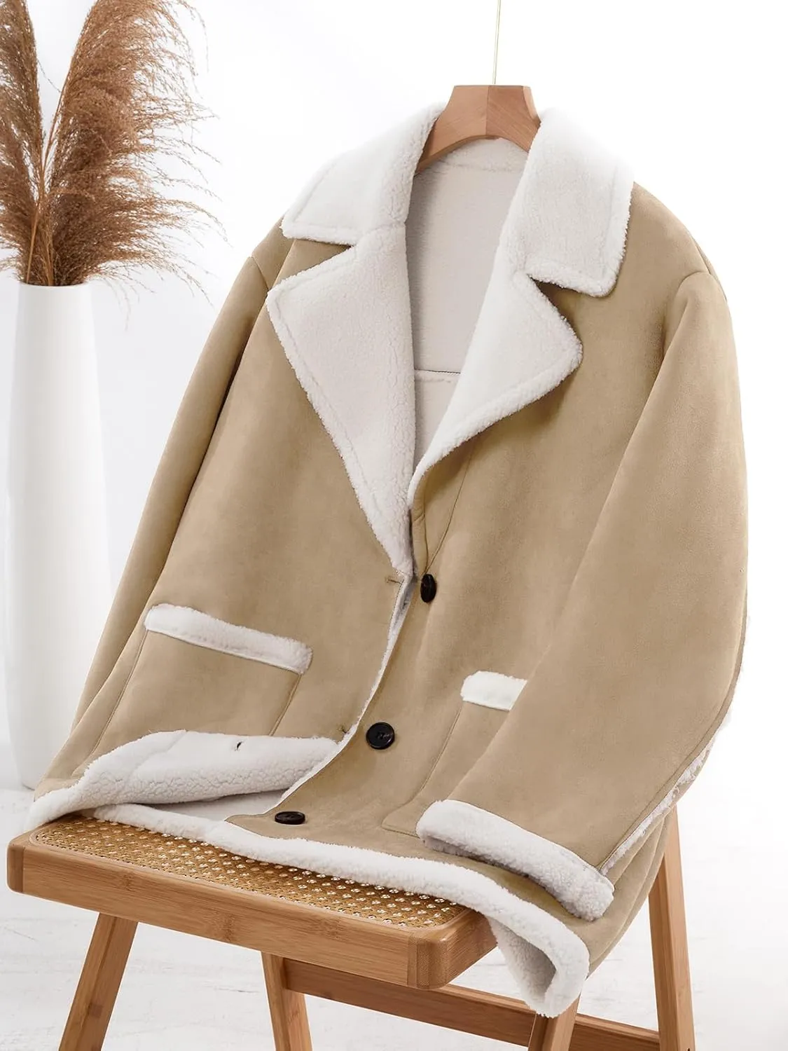 Tankaneo Womens Faux Sherpa-Lined Jackets Fuzzy Fleece Lapel Long Sleeve Coat Suede Winter Warm Outerwear