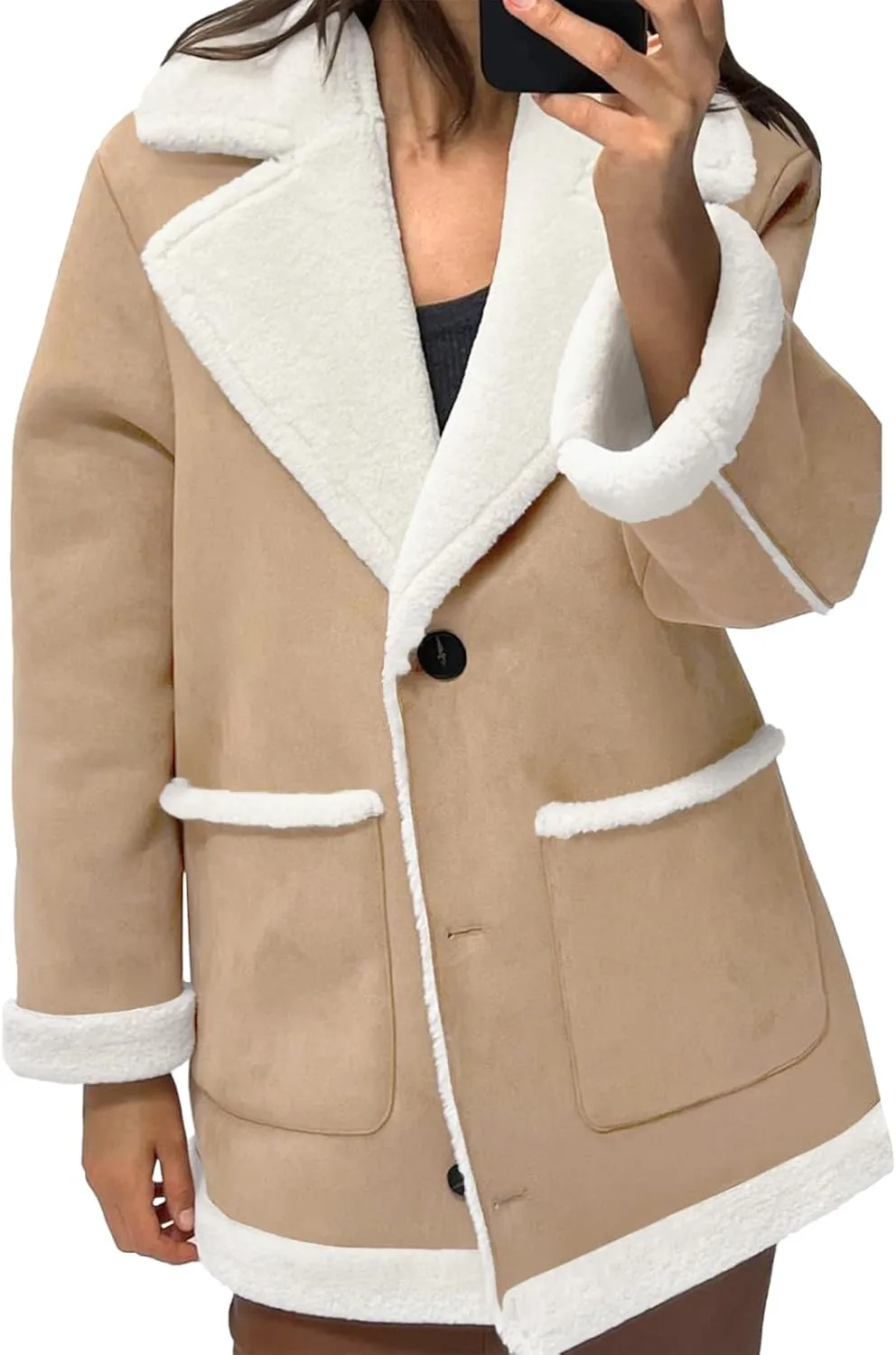 Tankaneo Womens Faux Sherpa-Lined Jackets Fuzzy Fleece Lapel Long Sleeve Coat Suede Winter Warm Outerwear