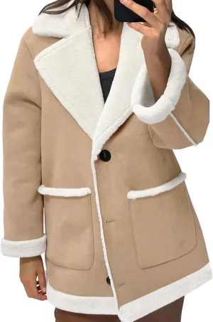 Tankaneo Womens Faux Sherpa-Lined Jackets Fuzzy Fleece Lapel Long Sleeve Coat Suede Winter Warm Outerwear