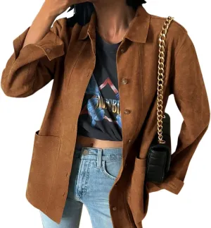 Tankaneo Womens Faux Suede Jackets Button Down Long Sleeve Shackets Coat Trendy 2025 Spring Clothes