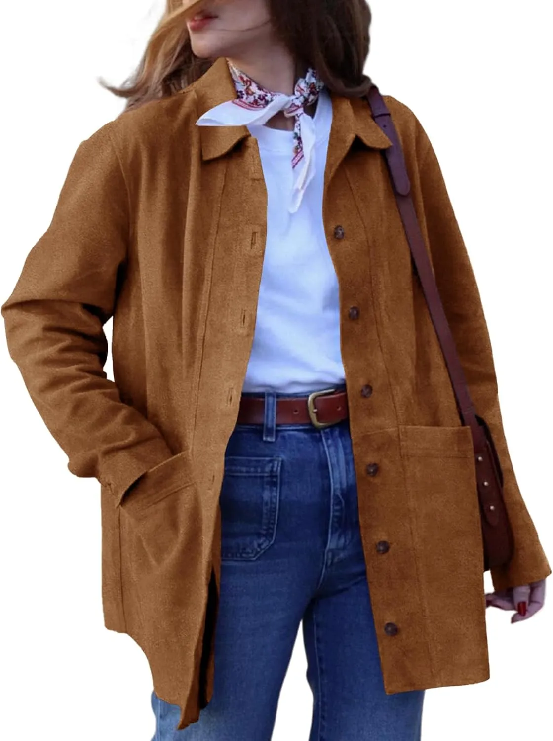 Tankaneo Womens Faux Suede Jackets Button Down Long Sleeve Shackets Coat Trendy 2025 Spring Clothes