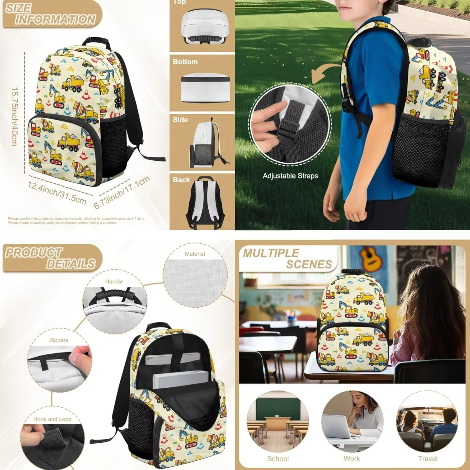 Technical Vehicle Backpack for Boys 4 Pcs Kids Bookbag and Lunch Box Set Boys 15 Inch Polyester School Bag for Preschool Primary Students Knapsack