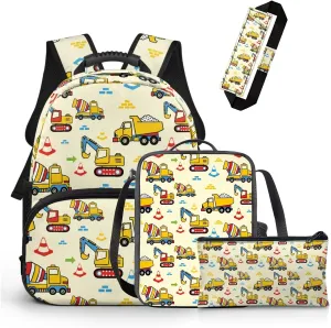 Technical Vehicle Backpack for Boys 4 Pcs Kids Bookbag and Lunch Box Set Boys 15 Inch Polyester School Bag for Preschool Primary Students Knapsack