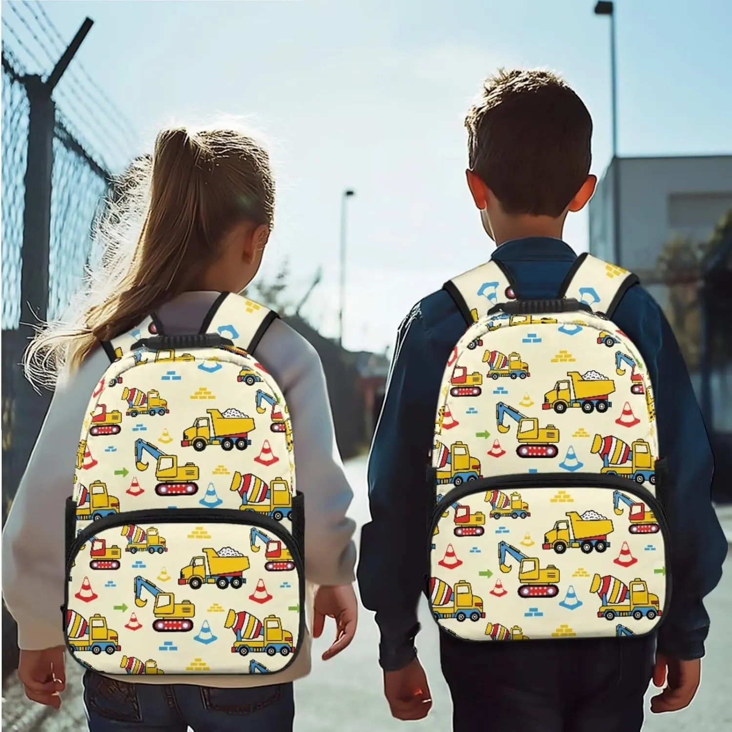 Technical Vehicle Backpack for Boys 4 Pcs Kids Bookbag and Lunch Box Set Boys 15 Inch Polyester School Bag for Preschool Primary Students Knapsack