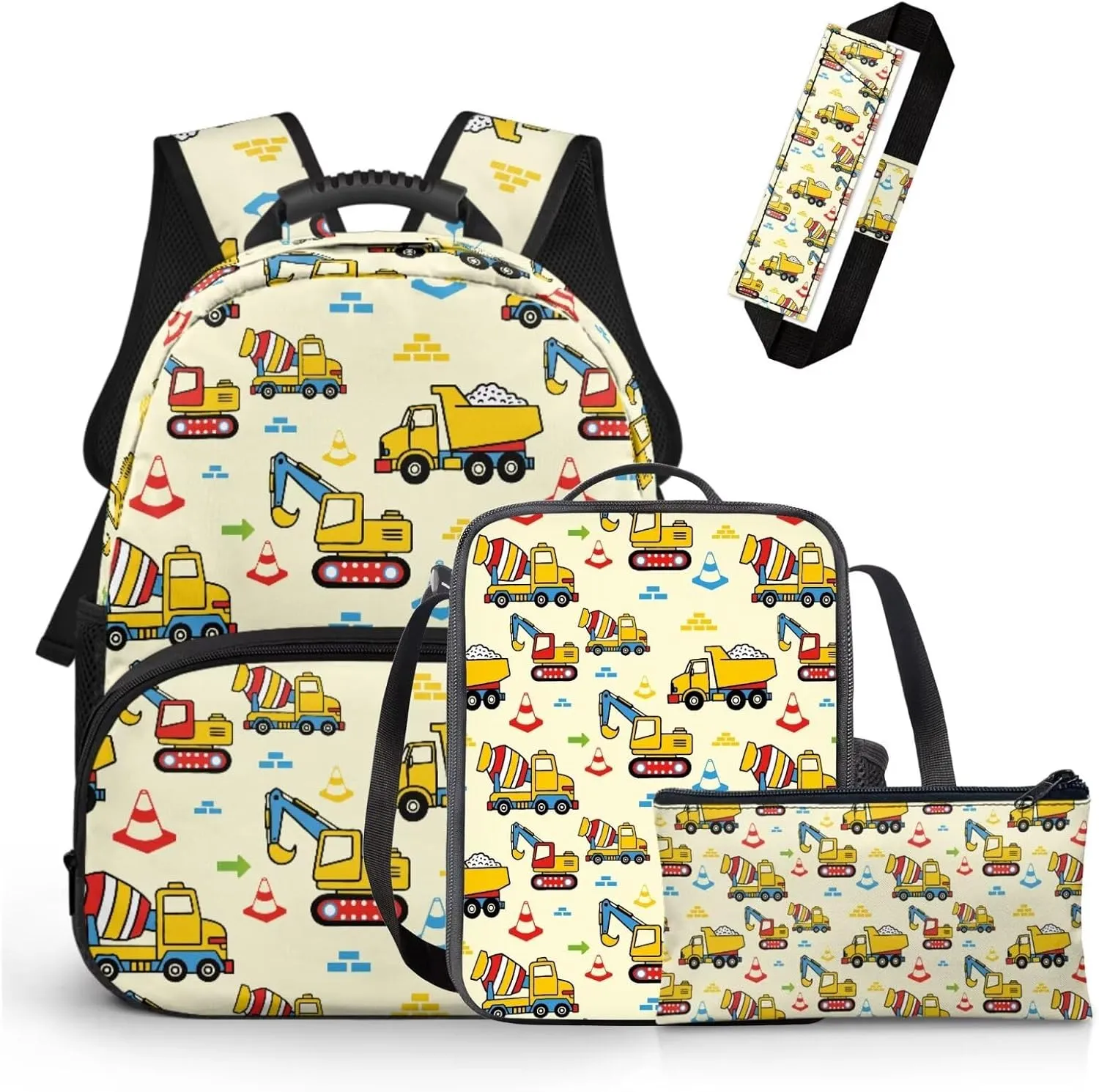 Technical Vehicle Backpack for Boys 4 Pcs Kids Bookbag and Lunch Box Set Boys 15 Inch Polyester School Bag for Preschool Primary Students Knapsack