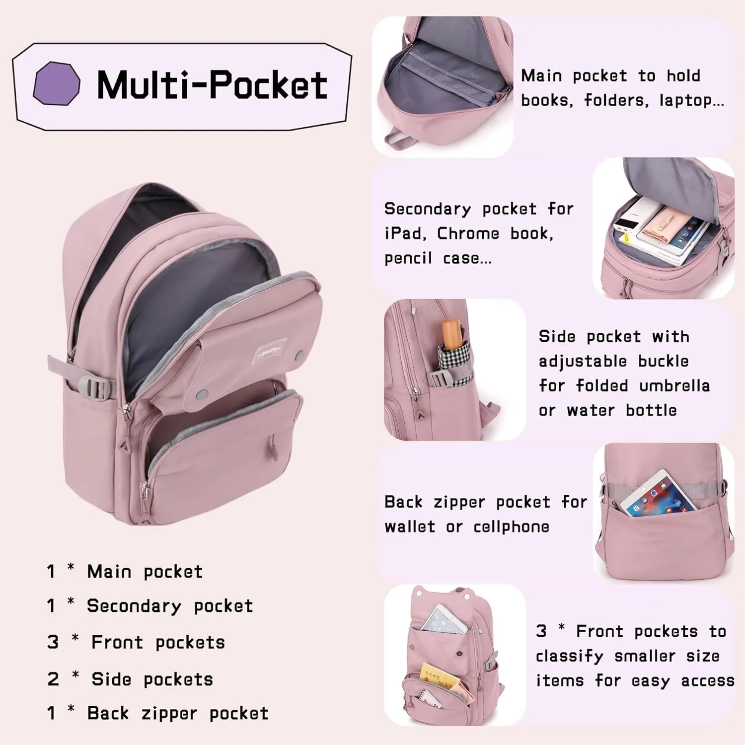 Teen Girls Backpack for School Kids Blue, Multi-pocket Middle School Bag Kids Backpack for Girls Bookbags