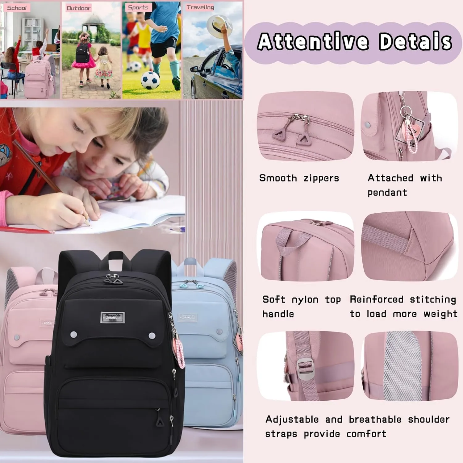 Teen Girls Backpack for School Kids Blue, Multi-pocket Middle School Bag Kids Backpack for Girls Bookbags