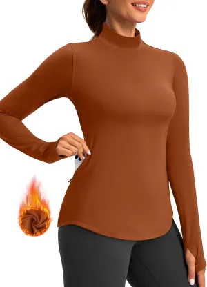 Thermal Shirts for Women Long Sleeve Mock Neck Fleece Tops Running Workout Cold Weather Gear with Zip Pocket
