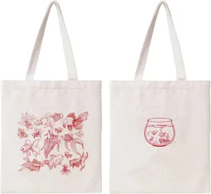 THEYGE Canvas Tote Bag Aesthetic Cotton Grocery Shopping Beach Bag for Women - Vintage Cute Goldfish Fish Design
