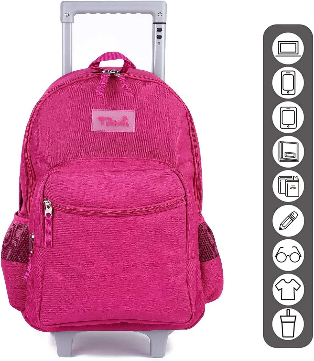 Tilami Rolling Backpack 18 inch Double Handle Wheeled Laptop Boys Girls Travel School Children Luggage Toddler Trip, Deep Pink
