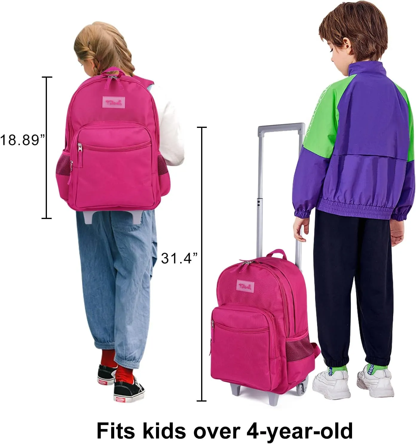Tilami Rolling Backpack 18 inch Double Handle Wheeled Laptop Boys Girls Travel School Children Luggage Toddler Trip, Deep Pink