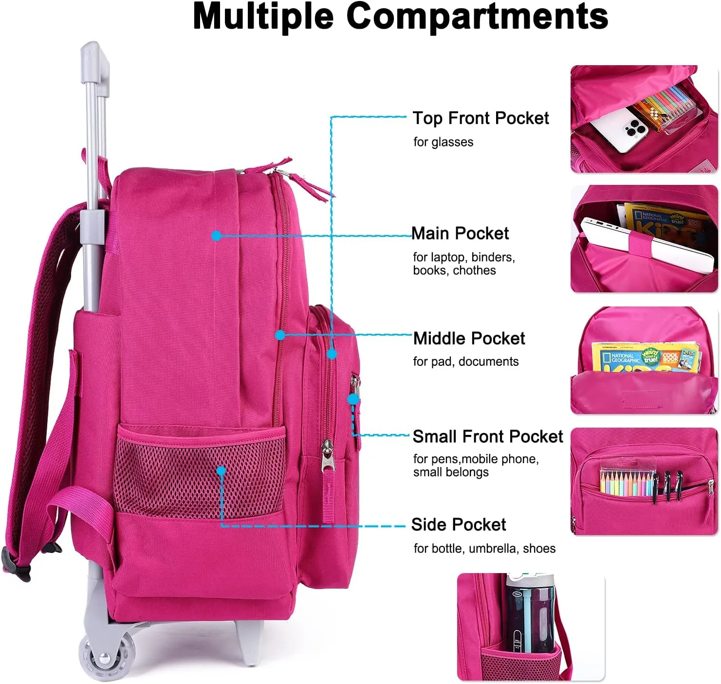 Tilami Rolling Backpack 18 inch Double Handle Wheeled Laptop Boys Girls Travel School Children Luggage Toddler Trip, Deep Pink