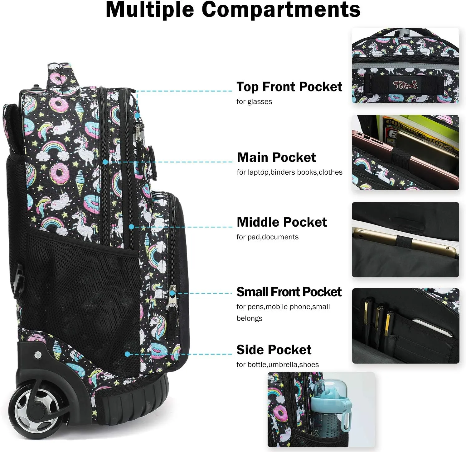 Tilami Rolling Backpack 18 inch Wheeled Backpack School College Student Travel Trip Boys and Girls