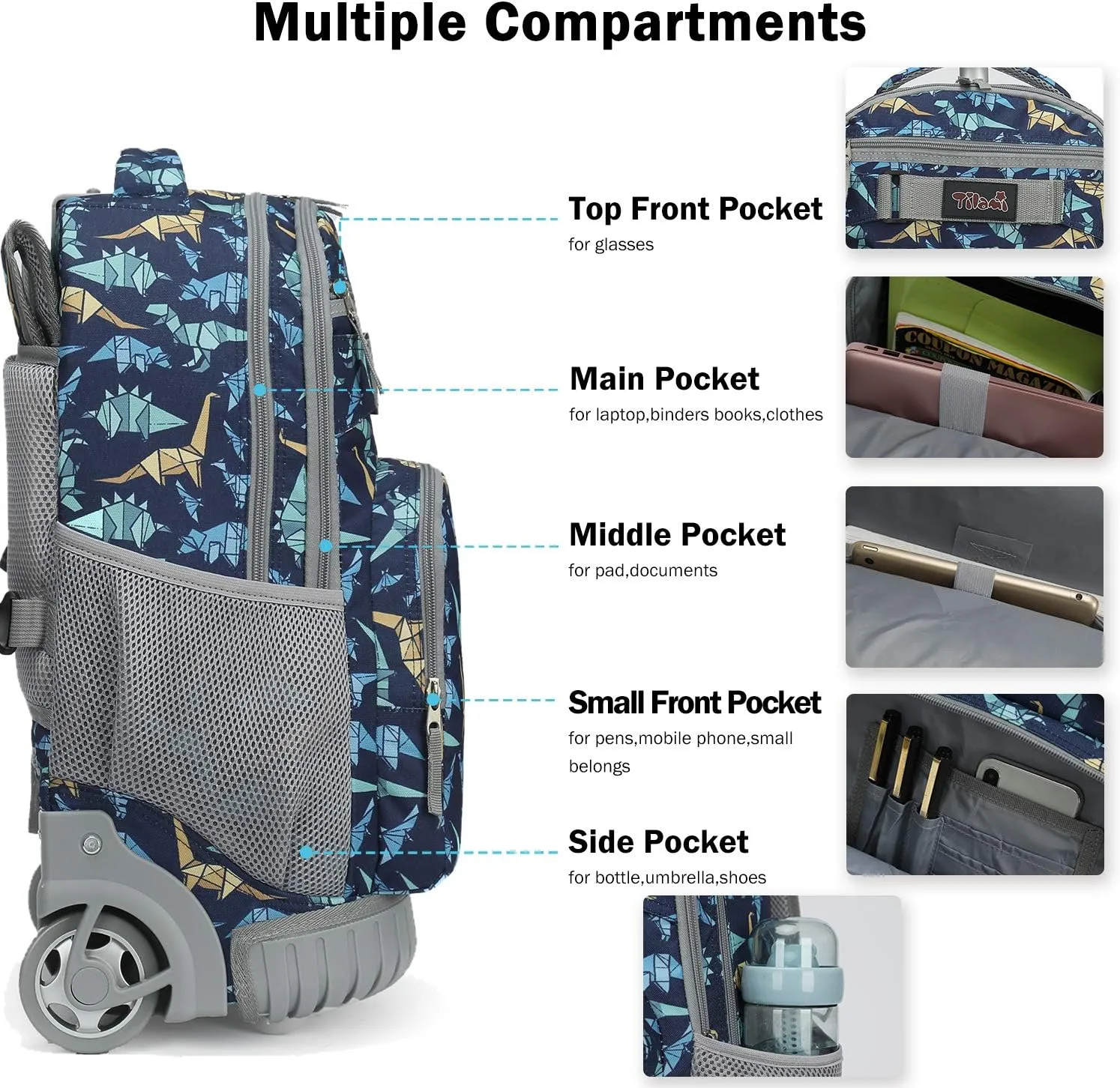 Tilami Rolling Backpack 18 inch Wheeled Backpack School College Student Travel Trip Boys and Girls