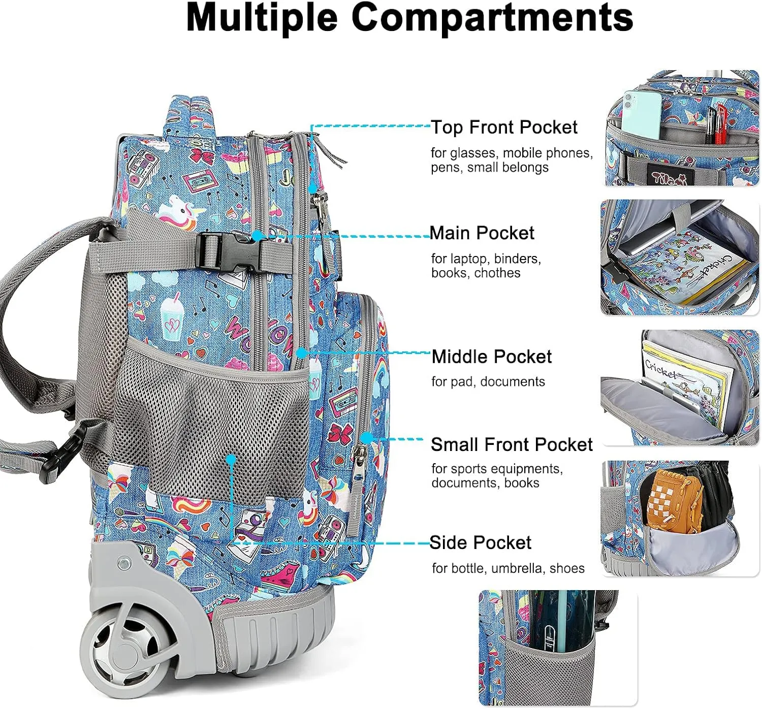 Tilami Rolling Backpack 18 inch Wheeled Backpack School College Student Travel Trip Boys and Girls