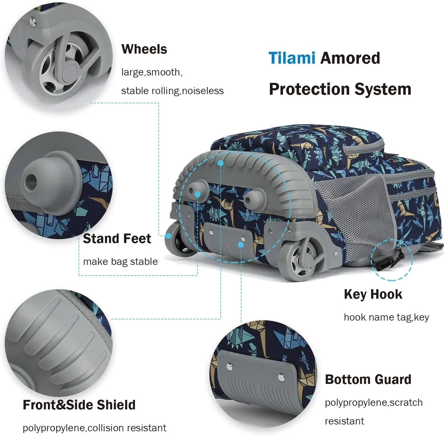 Tilami Rolling Backpack 18 inch Wheeled Backpack School College Student Travel Trip Boys and Girls