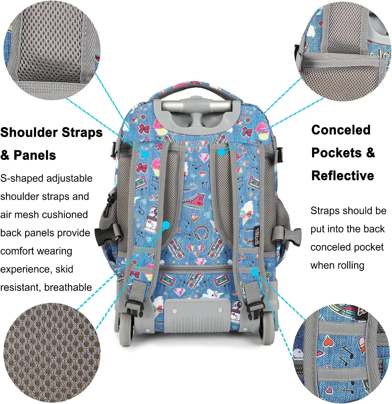 Tilami Rolling Backpack 18 inch Wheeled Backpack School College Student Travel Trip Boys and Girls