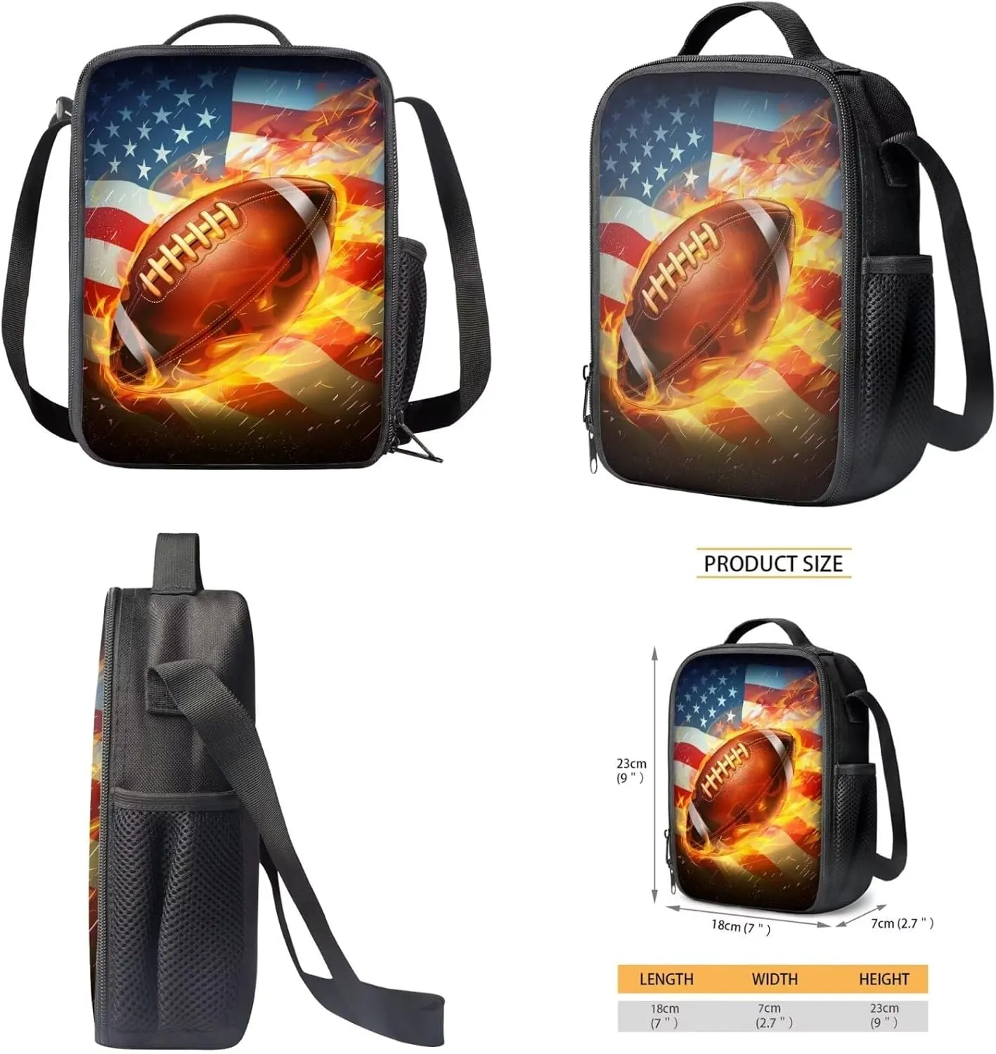 TOADDITDO American Flag Football Heavy Duty School Backpack for Teen Boys Water Fire Print School Bags Set with Lunch Box Pencil Case Independence Day Kids Large Bookbag Middle School Hiking Rucksack