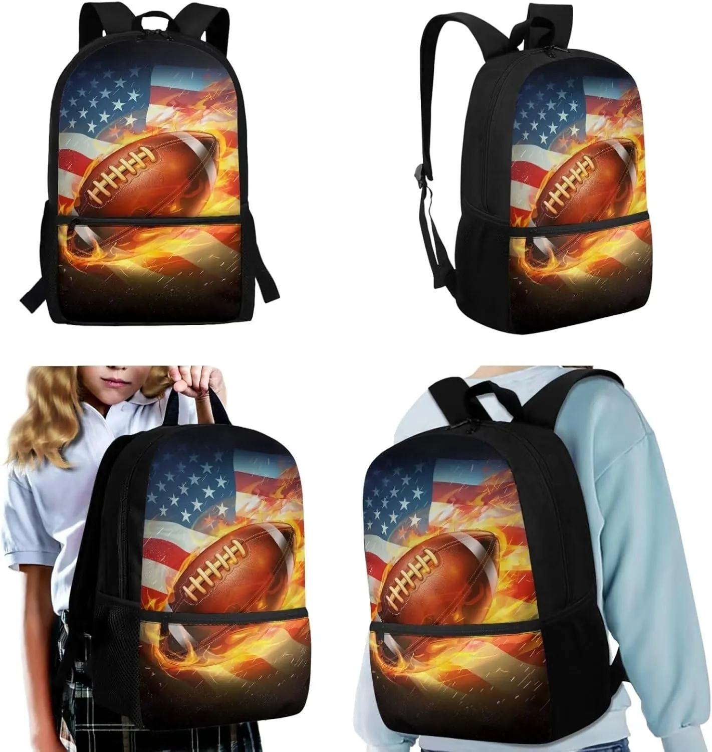 TOADDITDO American Flag Football Heavy Duty School Backpack for Teen Boys Water Fire Print School Bags Set with Lunch Box Pencil Case Independence Day Kids Large Bookbag Middle School Hiking Rucksack