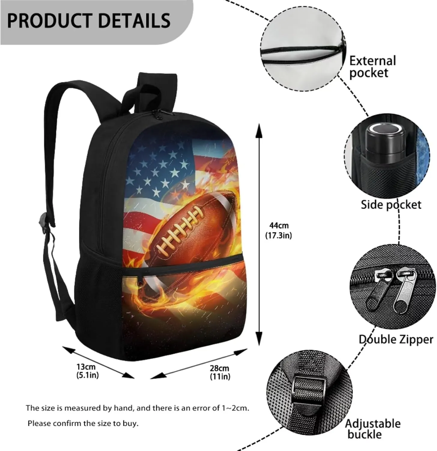 TOADDITDO American Flag Football Heavy Duty School Backpack for Teen Boys Water Fire Print School Bags Set with Lunch Box Pencil Case Independence Day Kids Large Bookbag Middle School Hiking Rucksack