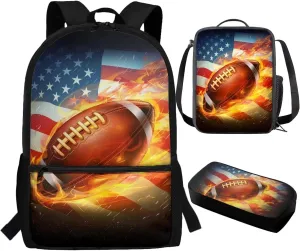 TOADDITDO American Flag Football Heavy Duty School Backpack for Teen Boys Water Fire Print School Bags Set with Lunch Box Pencil Case Independence Day Kids Large Bookbag Middle School Hiking Rucksack