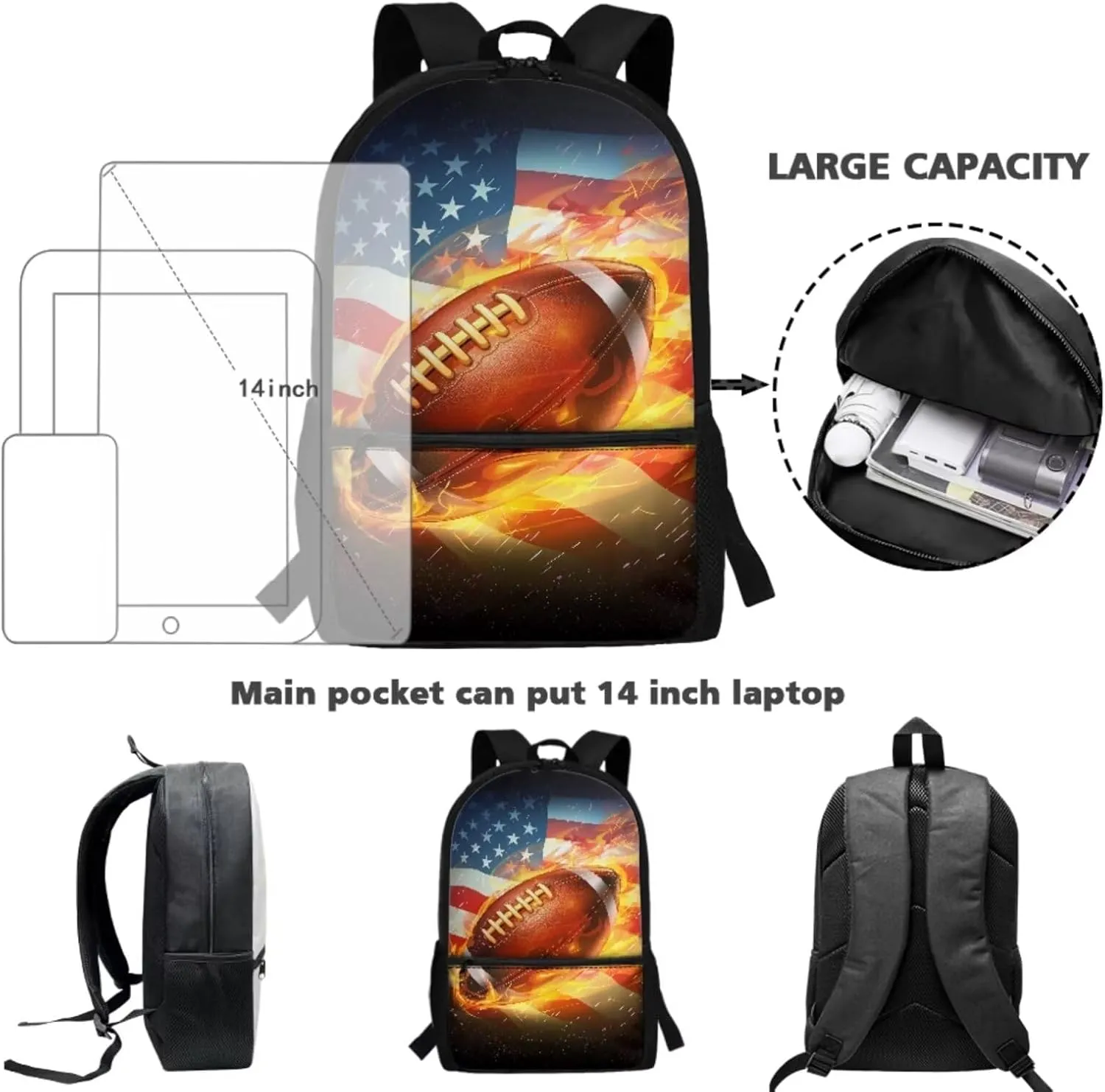TOADDITDO American Flag Football Heavy Duty School Backpack for Teen Boys Water Fire Print School Bags Set with Lunch Box Pencil Case Independence Day Kids Large Bookbag Middle School Hiking Rucksack