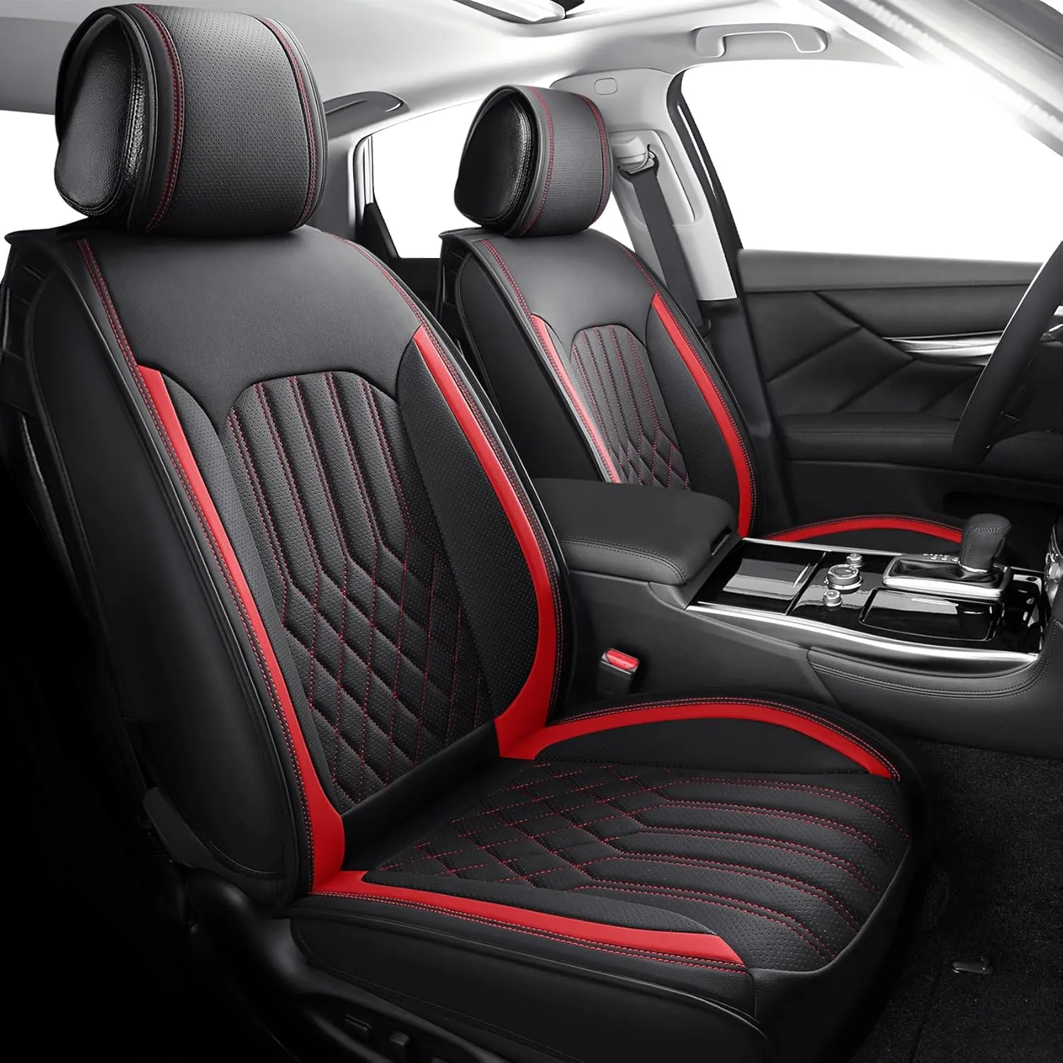 Tomatoman Car Seat Covers Compatible with Infiniti Q70L Airbag Safety Waterproof Dustproof Leather Protectors Universal Fit(2PCS Front/Black Red)